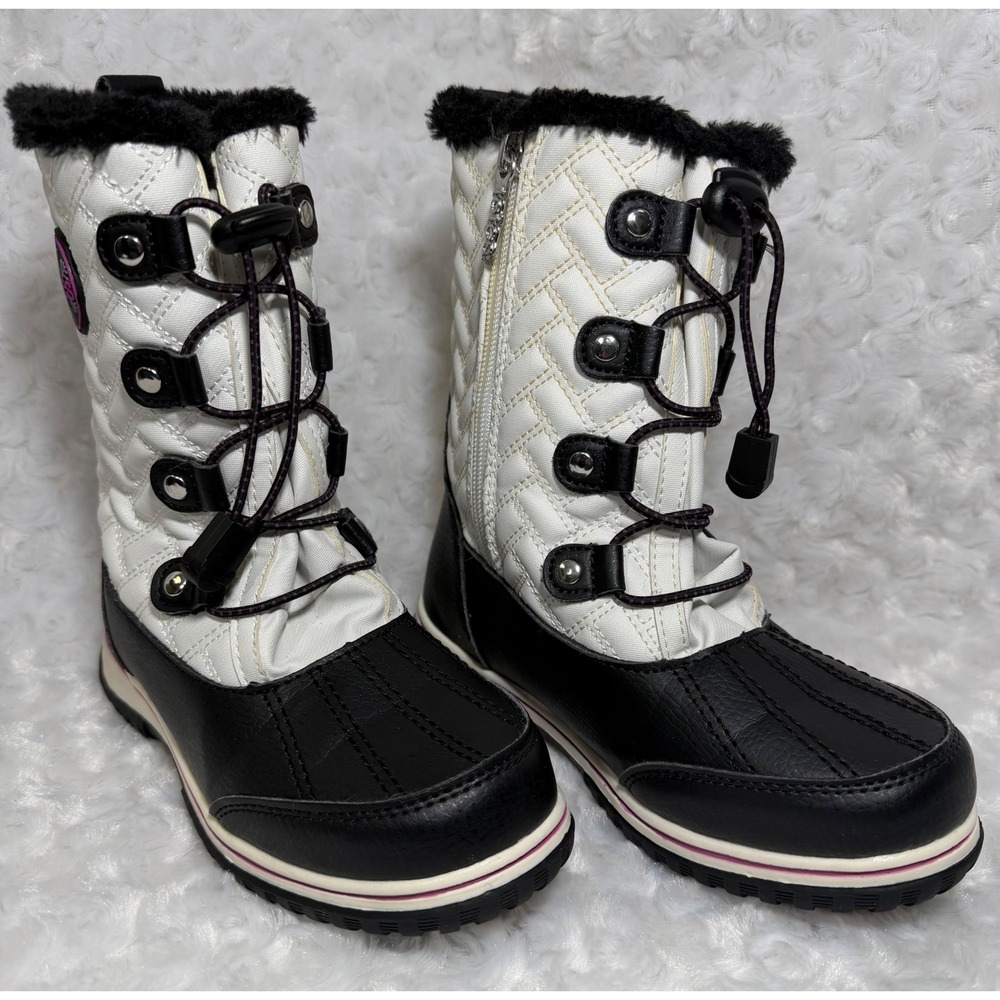Totes Makenzie Girls Winter Boots‎ White Black Quilted Faux Fur Zip Size 2 Med